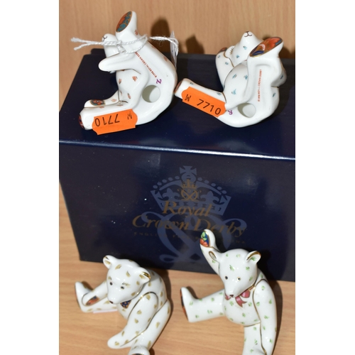 372 - TWO PAIRS OF ROYAL CROWN DERBY MINIATURE TEDDY BEARS 'JAMES AND EMMA', one pair is boxed, produced f... 