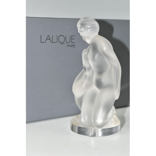 397 - A BOXED LALIQUE FIGURE OF LEDA AND THE SWAN, the female nude figure kneeling beside the swan, froste... 