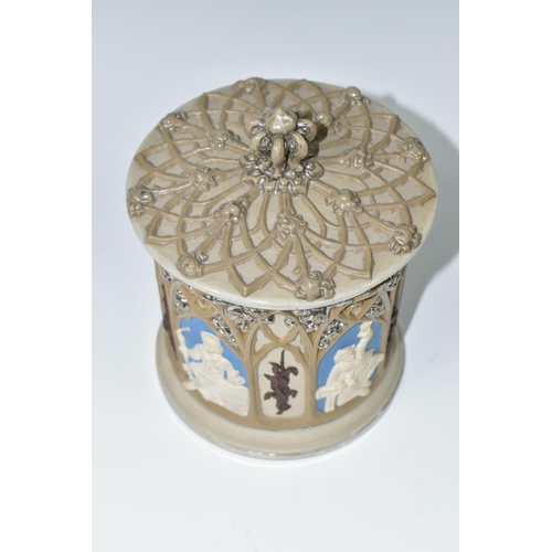 399 - A METTLACH, VILLEROY & BOCH STONEWARE TOBACCO JAR, decorated with Gothic revival architectural eleme... 