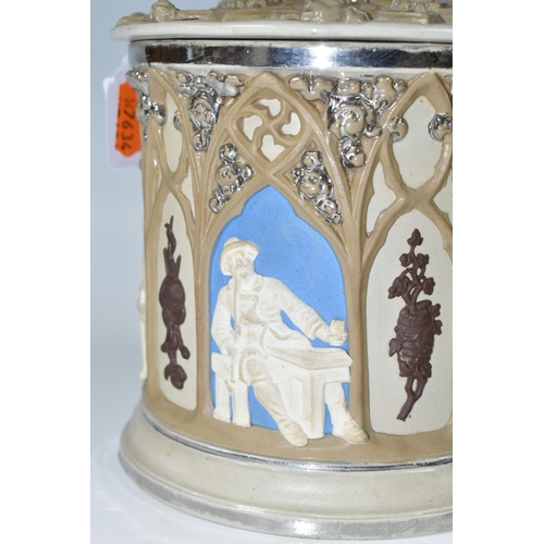 399 - A METTLACH, VILLEROY & BOCH STONEWARE TOBACCO JAR, decorated with Gothic revival architectural eleme... 