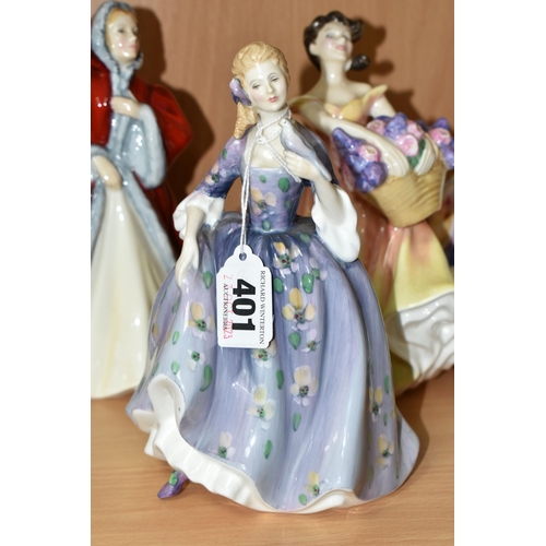 401 - FIVE ROYAL DOULTON FIGURINES, comprising Nicola HN2839, Rachel HN2936, Lesley HN2410, Fair Lady HN21... 