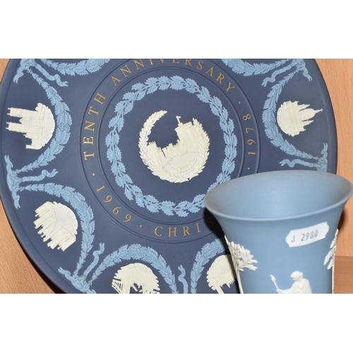 406 - A QUANTITY OF PALE BLUE WEDGWOOD JASPERWARE, to nineteen pieces to include a pale blue dipped biscui... 