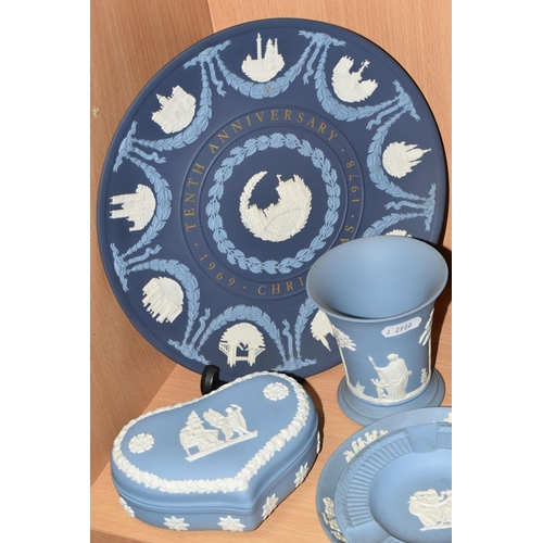 406 - A QUANTITY OF PALE BLUE WEDGWOOD JASPERWARE, to nineteen pieces to include a pale blue dipped biscui... 