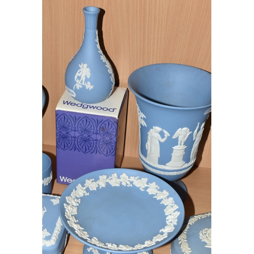 406 - A QUANTITY OF PALE BLUE WEDGWOOD JASPERWARE, to nineteen pieces to include a pale blue dipped biscui... 