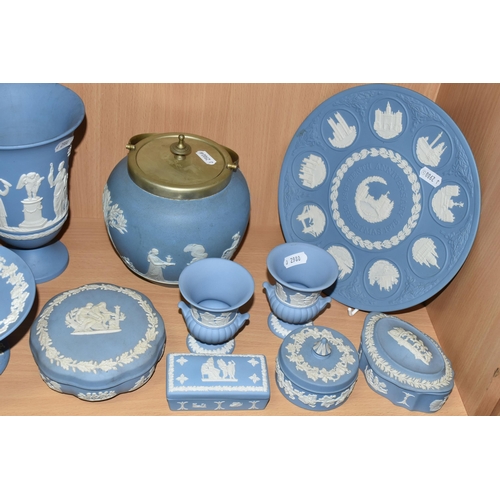 406 - A QUANTITY OF PALE BLUE WEDGWOOD JASPERWARE, to nineteen pieces to include a pale blue dipped biscui... 