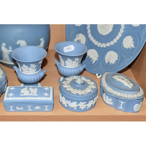 406 - A QUANTITY OF PALE BLUE WEDGWOOD JASPERWARE, to nineteen pieces to include a pale blue dipped biscui... 