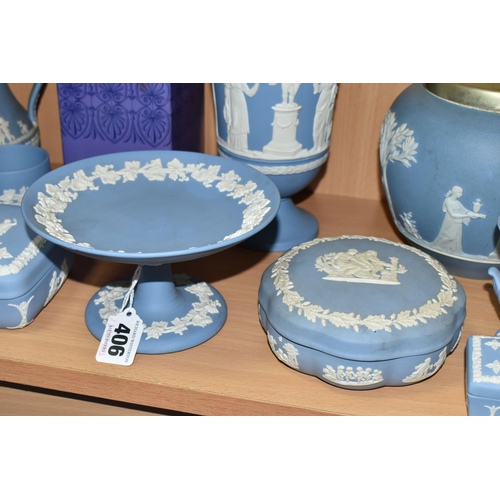 406 - A QUANTITY OF PALE BLUE WEDGWOOD JASPERWARE, to nineteen pieces to include a pale blue dipped biscui... 