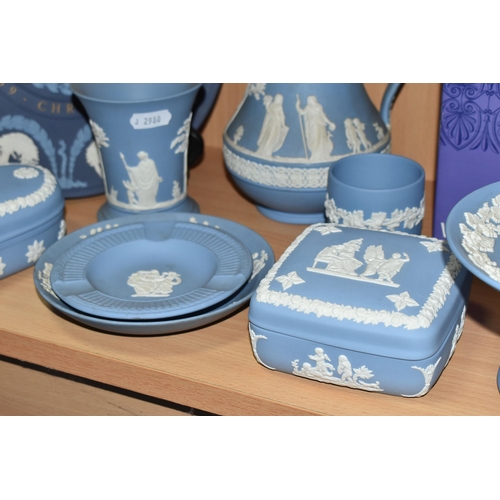 406 - A QUANTITY OF PALE BLUE WEDGWOOD JASPERWARE, to nineteen pieces to include a pale blue dipped biscui... 