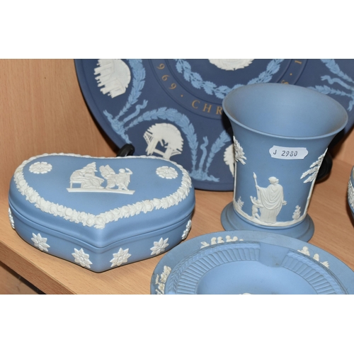 406 - A QUANTITY OF PALE BLUE WEDGWOOD JASPERWARE, to nineteen pieces to include a pale blue dipped biscui... 