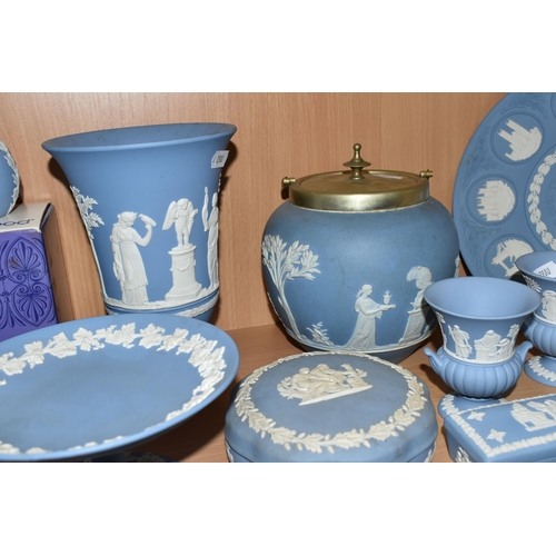 406 - A QUANTITY OF PALE BLUE WEDGWOOD JASPERWARE, to nineteen pieces to include a pale blue dipped biscui... 