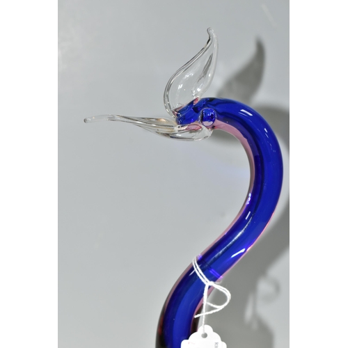 407 - TWO PIECES OF ART GLASS, comprising a Murano-style pink, blue and clear glass bird, rough pontil mar... 