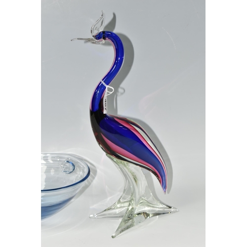 407 - TWO PIECES OF ART GLASS, comprising a Murano-style pink, blue and clear glass bird, rough pontil mar... 