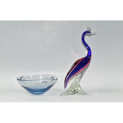 407 - TWO PIECES OF ART GLASS, comprising a Murano-style pink, blue and clear glass bird, rough pontil mar... 