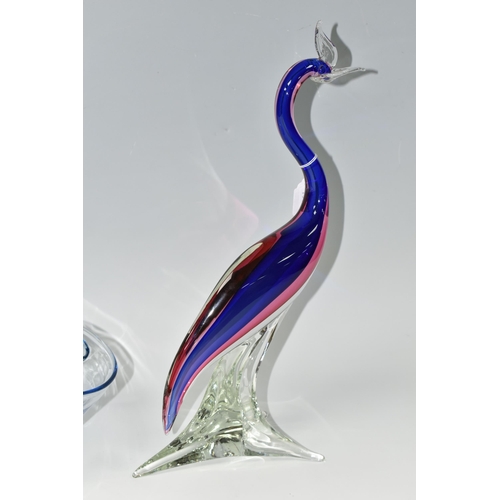 407 - TWO PIECES OF ART GLASS, comprising a Murano-style pink, blue and clear glass bird, rough pontil mar... 