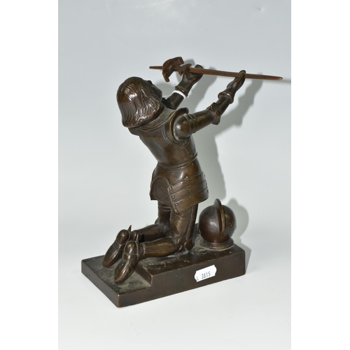 420 - A BRONZE FIGURE OF A KNIGHT, titled Dedication, depicting a kneeling knight holding his sword aloft ... 