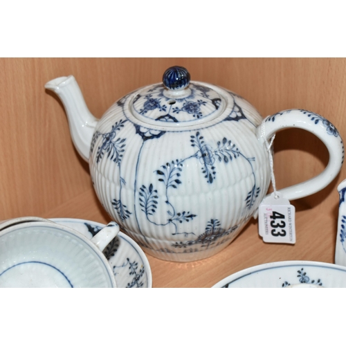 433 - A MEISSEN BLUE ONION PATTERN PART TEA SET, comprising a teapot, five tea cups, six saucers (two chip... 