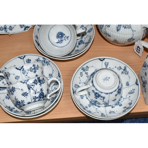 433 - A MEISSEN BLUE ONION PATTERN PART TEA SET, comprising a teapot, five tea cups, six saucers (two chip... 