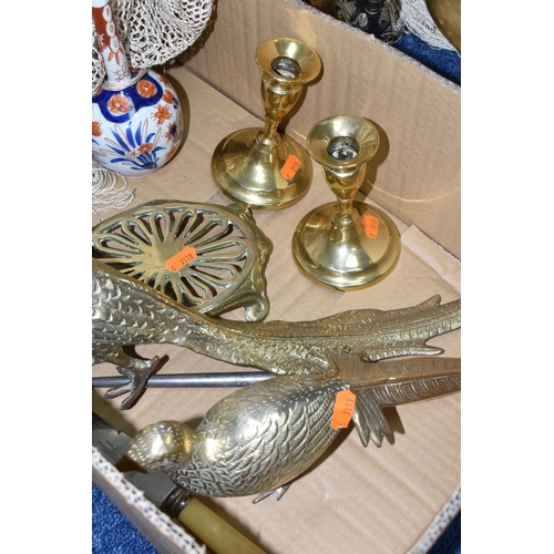 439 - ONE BOX OF BRASSWARE, to include a large 1920's embroidered silk piano shawl, cream coloured silk wi... 