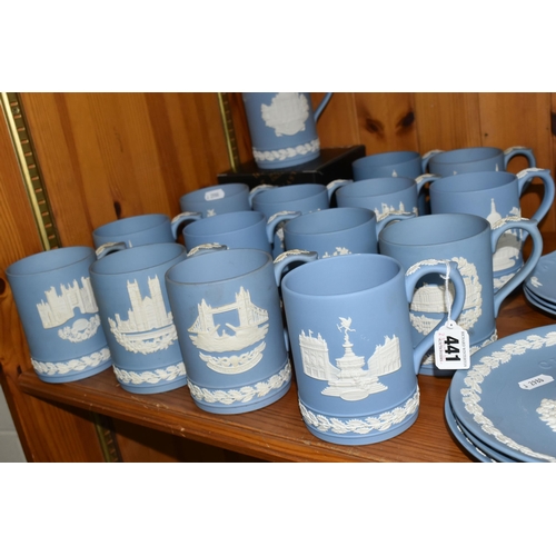 441 - A LARGE QUANTITY OF CHRISTMAS WEDGWOOD BLUE JASPERWARE TANKARDS AND PLATES, comprising fifteen Chris... 