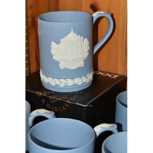 441 - A LARGE QUANTITY OF CHRISTMAS WEDGWOOD BLUE JASPERWARE TANKARDS AND PLATES, comprising fifteen Chris... 