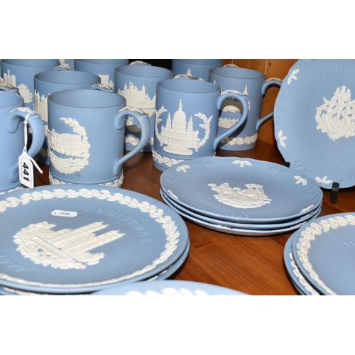 441 - A LARGE QUANTITY OF CHRISTMAS WEDGWOOD BLUE JASPERWARE TANKARDS AND PLATES, comprising fifteen Chris... 