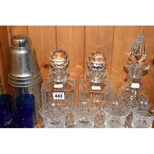 443 - A GROUP OF CUT GLASSWARE, comprising a set of six cobalt blue wine glasses with clear twisted glass ... 