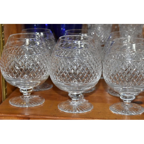 443 - A GROUP OF CUT GLASSWARE, comprising a set of six cobalt blue wine glasses with clear twisted glass ... 