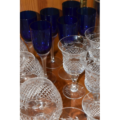 443 - A GROUP OF CUT GLASSWARE, comprising a set of six cobalt blue wine glasses with clear twisted glass ... 