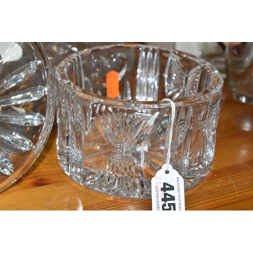 445 - A GROUP OF CUT CRYSTAL DECANTERS, comprising a Waterford Crystal dish, a Stuart Crystal tilting deca... 