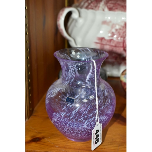 446 - A GROUP OF GLASSWARE AND CERAMICS, comprising a Caithness amethyst swirl vase and a 'Misty' paperwei... 