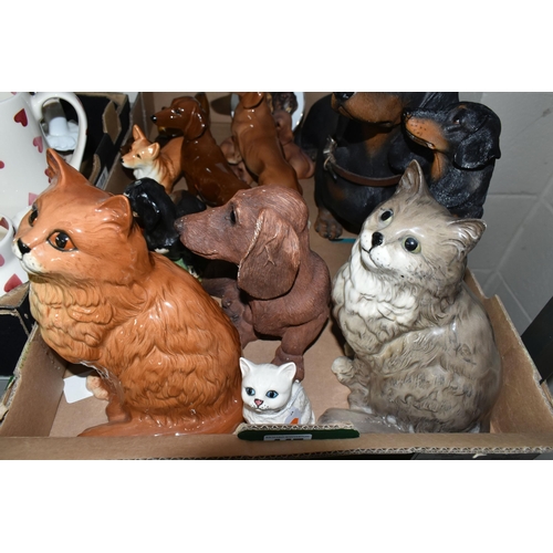 447 - ONE BOX OF CAT AND DOG FIGURINES, to include two large Beswick cats impressed mark to base 1867, a s... 