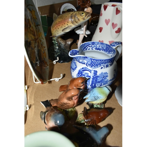 448 - ONE BOX OF CERAMICS, to include two Emma Bridgewater 'Heart' pattern jugs, a Beswick 'Trout' 1032, a... 