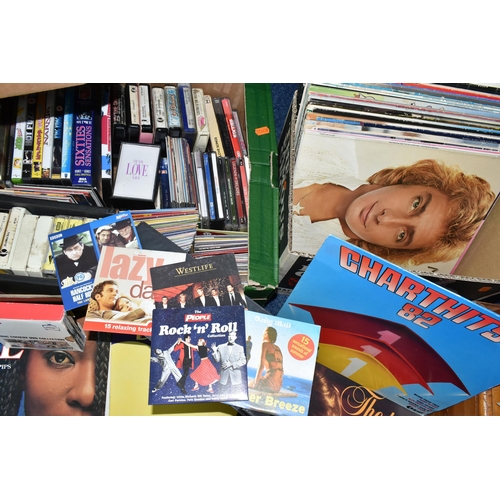 452 - TWO BOXES OF LP RECORDS , DVDS AND CDS, to include approximately twenty  8 track stereo cassettes, a... 