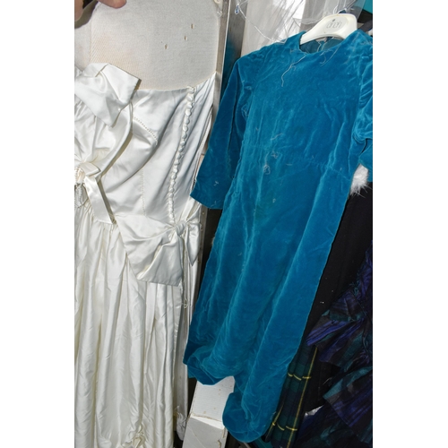 453 - A GROUP OF 1980S WEDDING OUTFITS, to include two bespoke shot silk bridesmaid dresses in black, dark... 