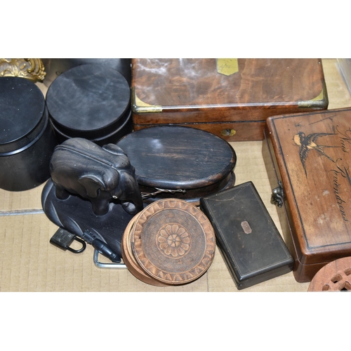 455 - A BOX AND LOOSE TREEN, PICTURES AND SUNDRY ITEMS, to include two japanned scalloped bowls, decorated... 