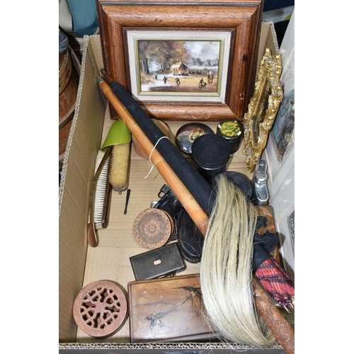 455 - A BOX AND LOOSE TREEN, PICTURES AND SUNDRY ITEMS, to include two japanned scalloped bowls, decorated... 