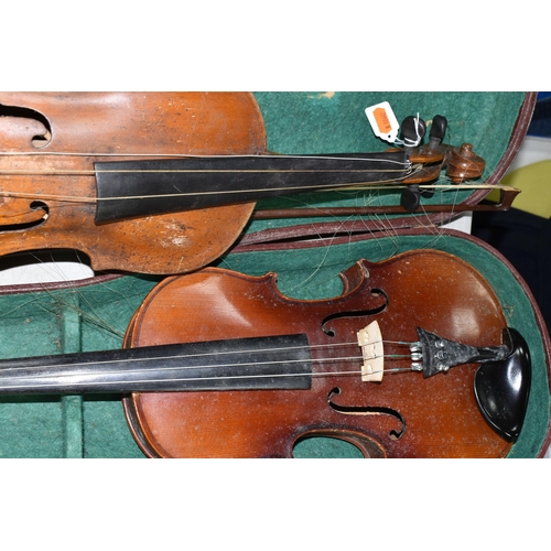 458 - TWO CASED VIOLINS, in need of some attention, one bearing paper label reading 'Robert Weron, 1855', ... 