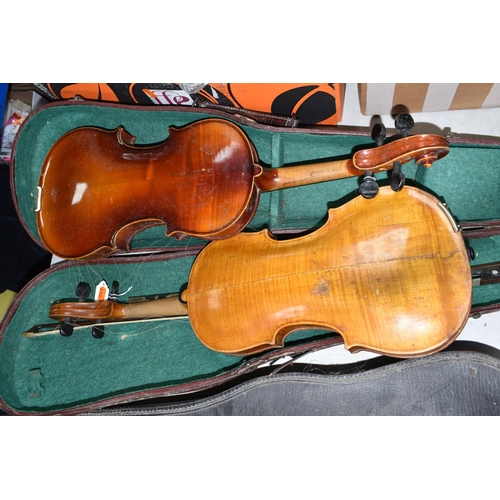 458 - TWO CASED VIOLINS, in need of some attention, one bearing paper label reading 'Robert Weron, 1855', ... 