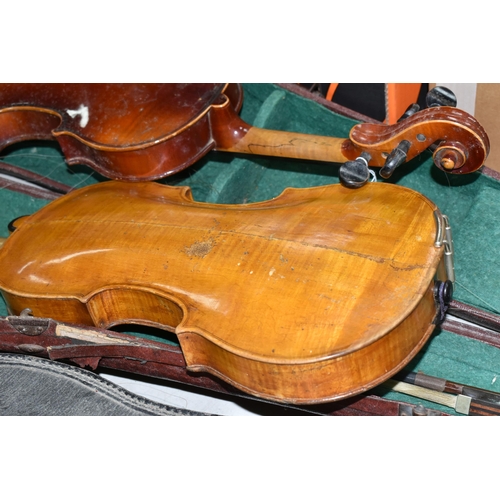 458 - TWO CASED VIOLINS, in need of some attention, one bearing paper label reading 'Robert Weron, 1855', ... 