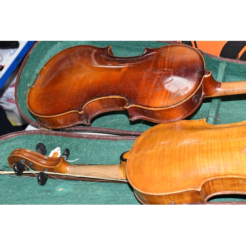 458 - TWO CASED VIOLINS, in need of some attention, one bearing paper label reading 'Robert Weron, 1855', ... 