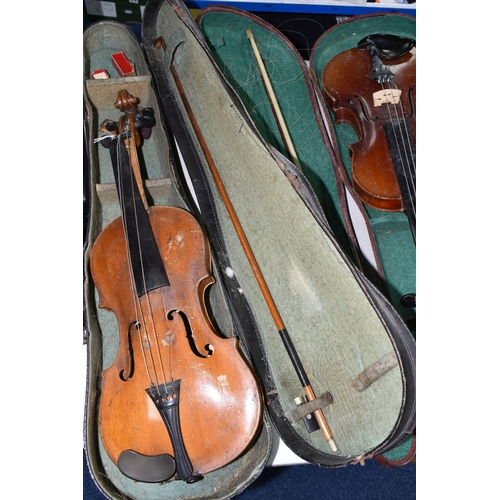 458 - TWO CASED VIOLINS, in need of some attention, one bearing paper label reading 'Robert Weron, 1855', ... 