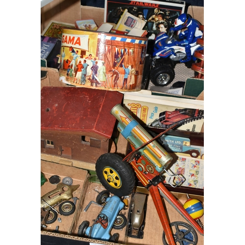 460 - A QUANTITY OF ASSORTED TOYS, to include two incomplete Schuco Studio clockwork racing cars and assor... 