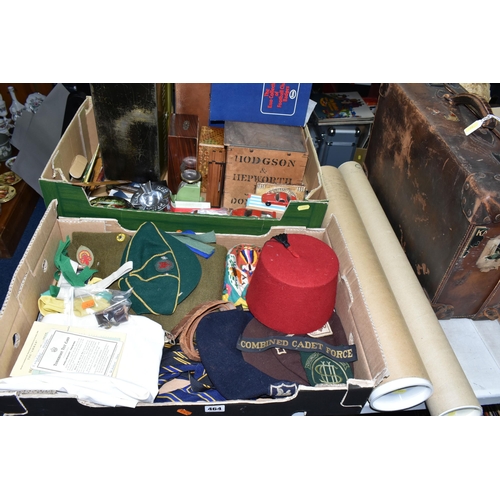 464 - TWO BOXES AND LOOSE BOY SCOUT ITEMS, SUITCASE, POSTERS AND SUNDRY ITEMS, to include a Boy Scout jump... 