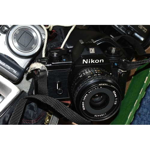 465 - A BOX OF CAMERAS, to include a boxed Olympus Trip 35, a cased Nikon EM fitted with an f2.5 35mm lens... 