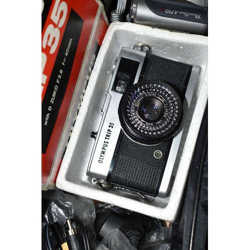 465 - A BOX OF CAMERAS, to include a boxed Olympus Trip 35, a cased Nikon EM fitted with an f2.5 35mm lens... 