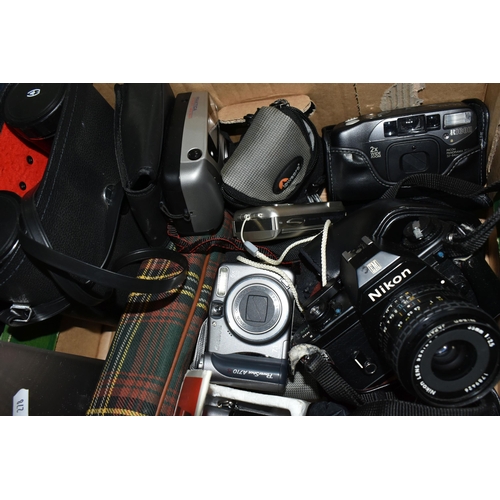 465 - A BOX OF CAMERAS, to include a boxed Olympus Trip 35, a cased Nikon EM fitted with an f2.5 35mm lens... 