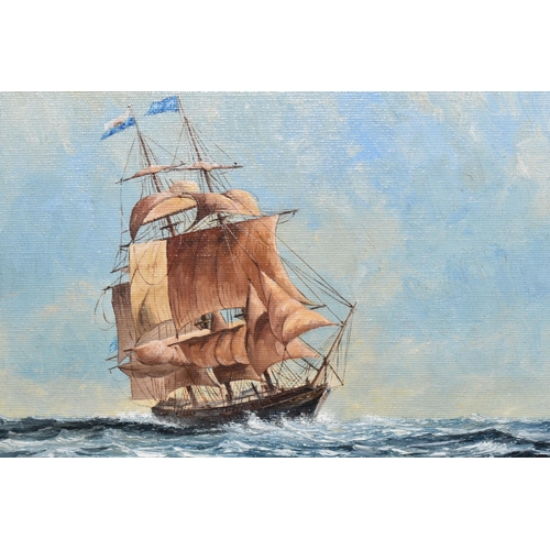 468 - JOHN D. ROBERTS (BRITISH CONTEMPORARY) A SQUARE RIGGED SHIP UNDER SAIL IN CHOPPY SEAS, signed and da... 