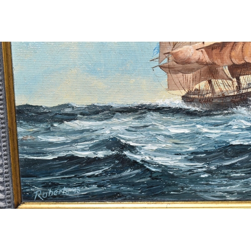 468 - JOHN D. ROBERTS (BRITISH CONTEMPORARY) A SQUARE RIGGED SHIP UNDER SAIL IN CHOPPY SEAS, signed and da... 