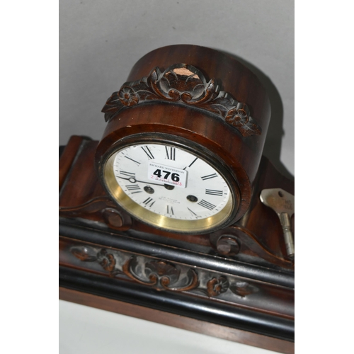 476 - A VICTORIAN ROSEWOOD AND EBONISED CASED MANTEL CLOCK, the drum shaped clock case with foliate surmou... 