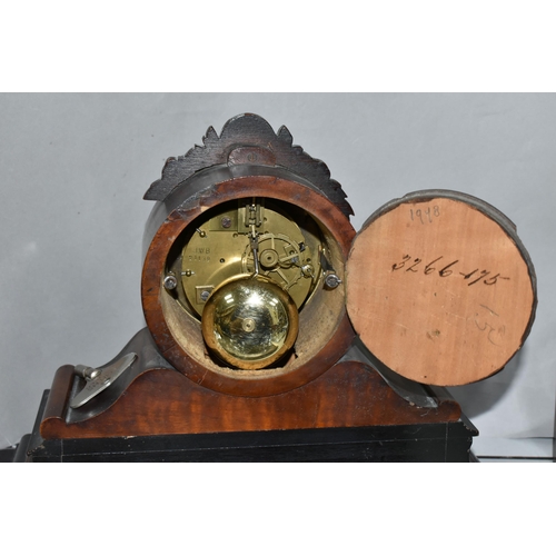 476 - A VICTORIAN ROSEWOOD AND EBONISED CASED MANTEL CLOCK, the drum shaped clock case with foliate surmou... 